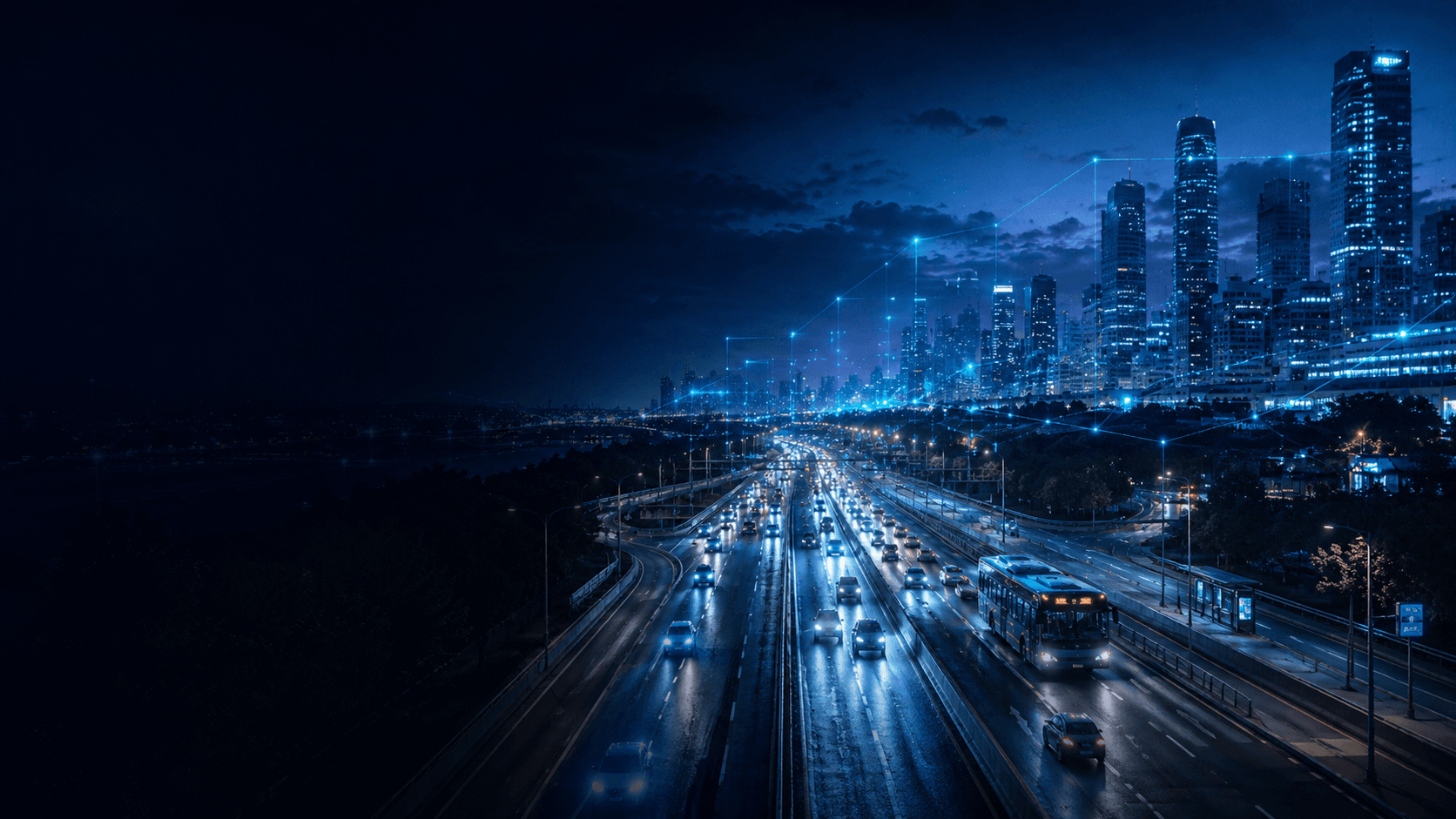 Modern city skyline at night, representing DriveLens AI's technology base in Uzbekistan
