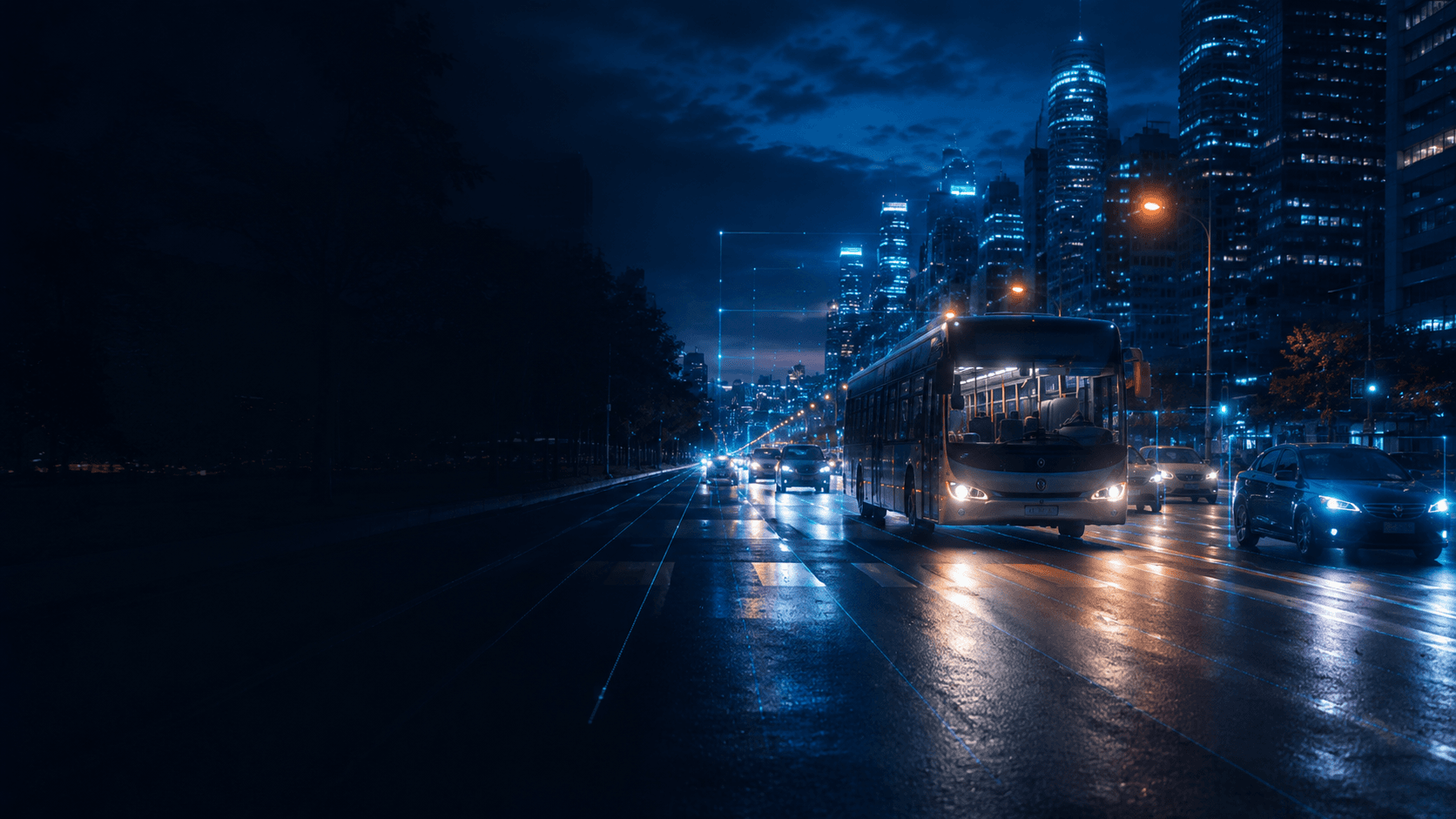 Night city avenue with a public transit bus and cars, edge-AI computer vision overlays tracking traffic flow